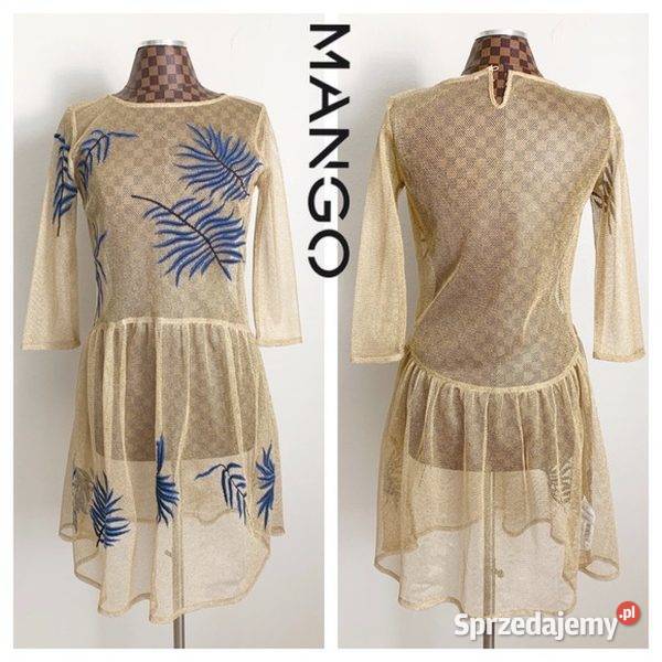 Mango Gold Metallic Fishnet Sheer Dress Blue