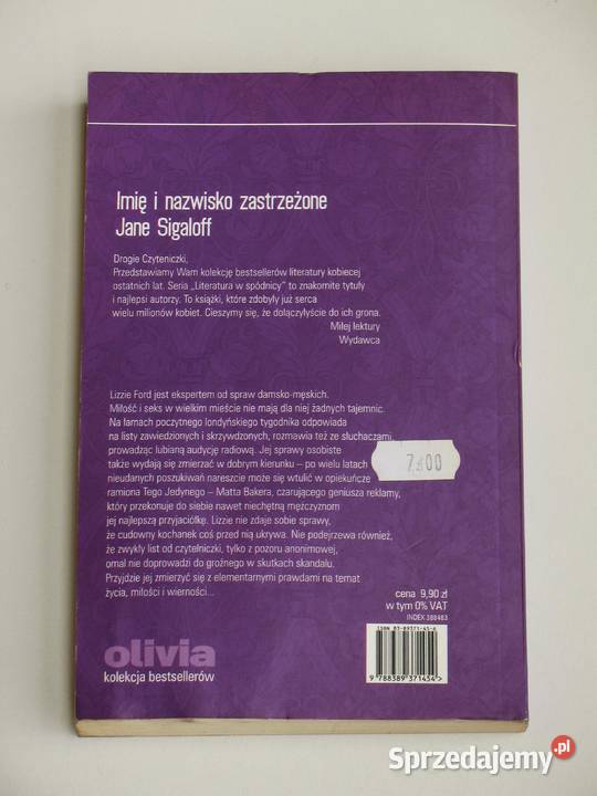Imię i nazwisko zastrzeżone Jane Sigaloff romanse Kraków