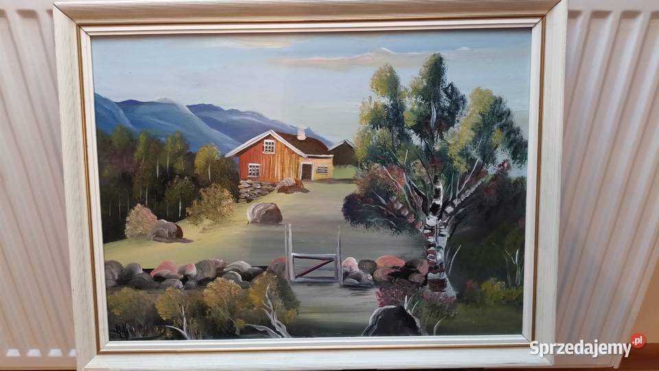 Stary oprawiony w ramie obraz na dykcie Norweski Zamość