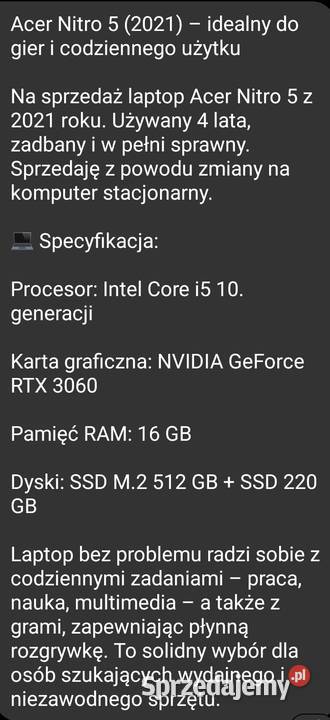 Laptop Acer Nitro 5 Czarna Woda sprzedam