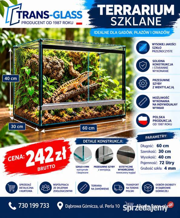 Terrarium szklane 60x30x40 szkło 4 mm producent śląskie Dąbrowa Górnicza