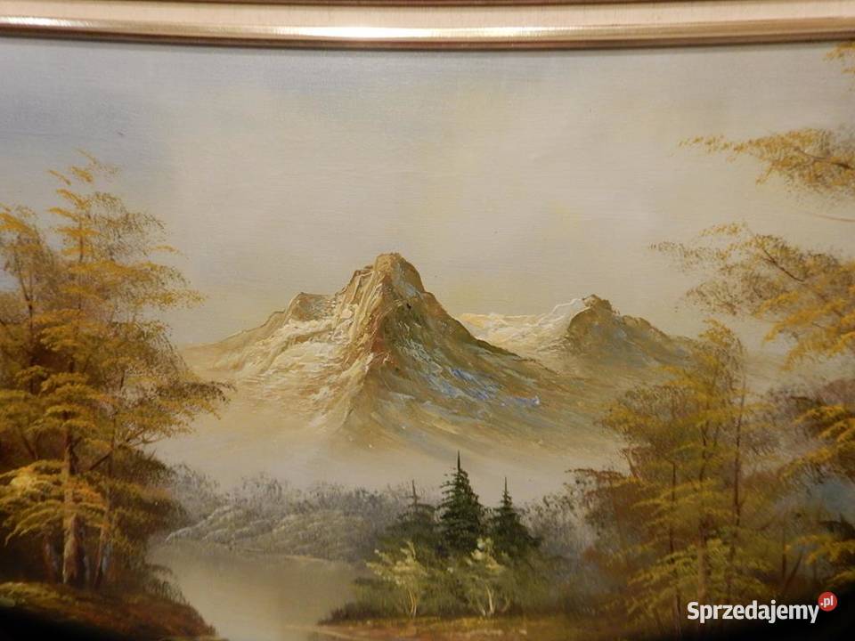 Duży Obraz Olejny GÓRY JEZIORO 116x60 Vintage w wielkopolskie Piła