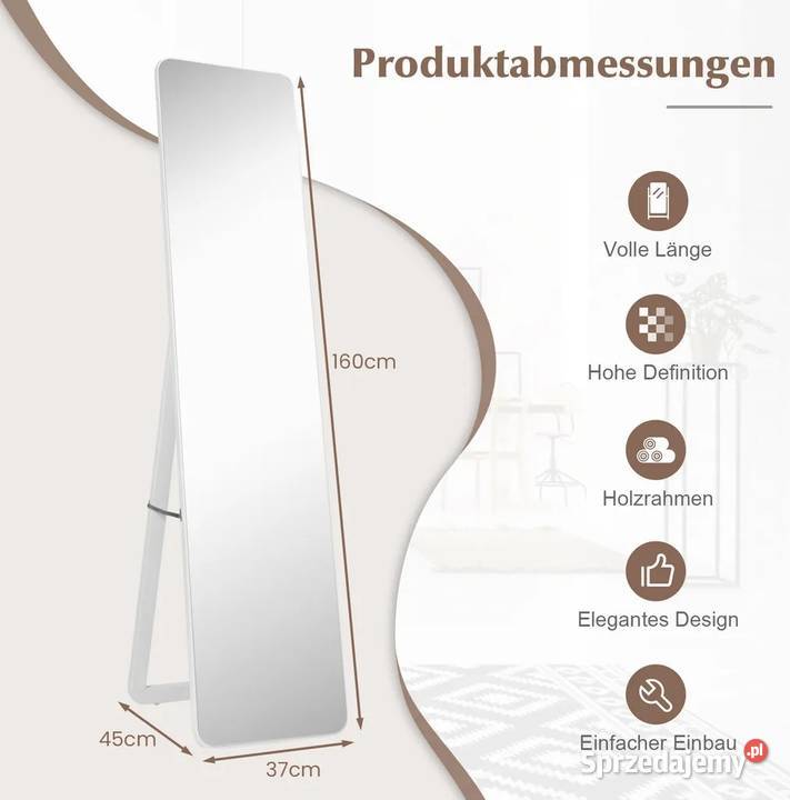 Białe Lustro wolnostojące 37 x 160 z drewnianą małopolskie Bochnia
