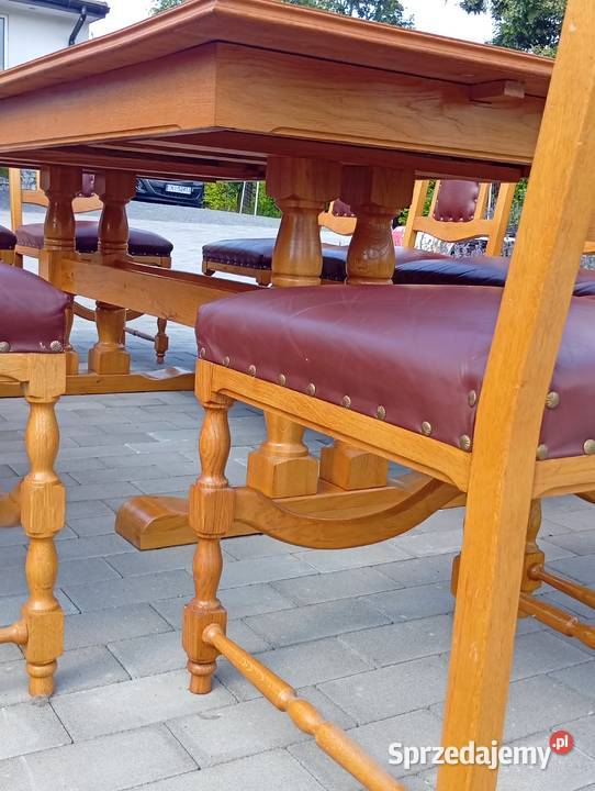 Unikatowy zestaw stół 12 krzeseł lity dąb skóra Starachowice
