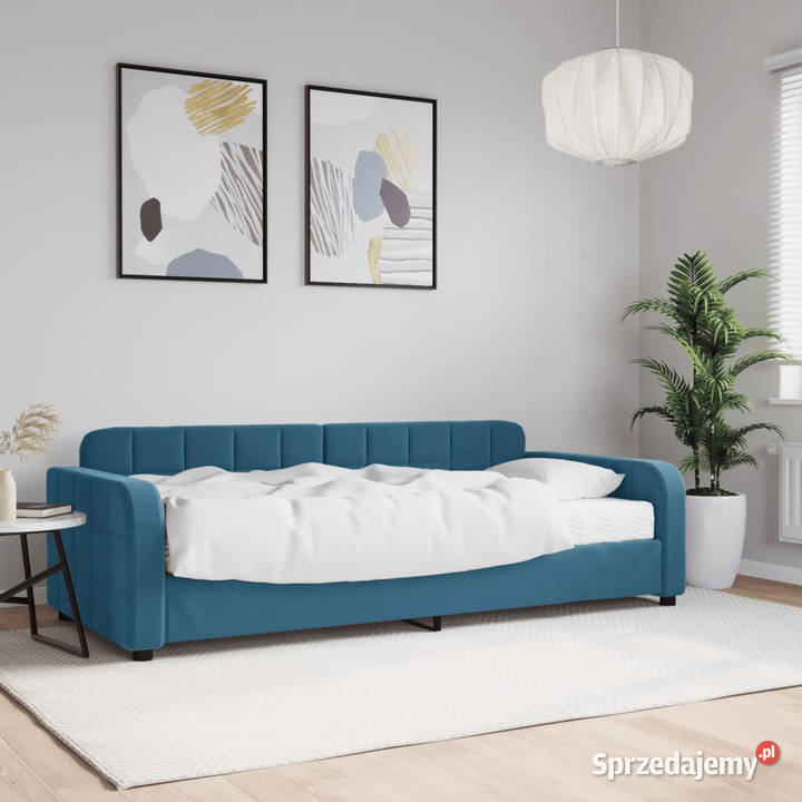 Sofa z materacem do spania niebieska aksamit