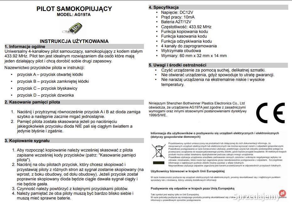 Sprzedam pilot samokopiujacy do bramy Zielonka sprzedam