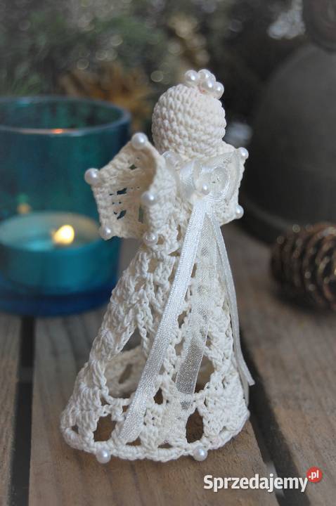 Aniołek szydełkowy z perełkami ecru kremowy 10 Lublin