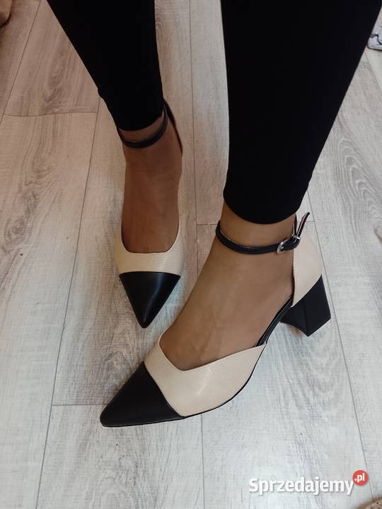 41 Ekskluzywne beżowo czarne czółenka wieczorowe Czółenka