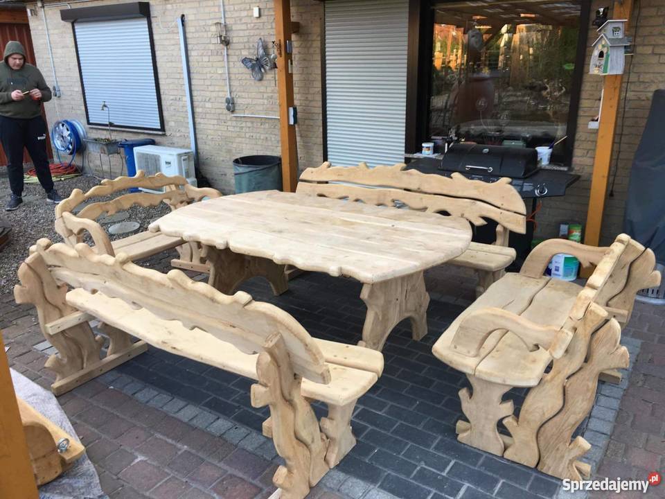 Meble Ogrodowe Stół 4 Ławki Dębowe Rzeźbione Suwałki