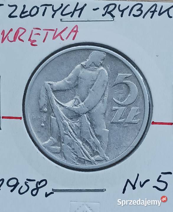 5 złotych Rybak 1958 r 5 Skrętka Antyki, Sztuka, Kolekcje Konin