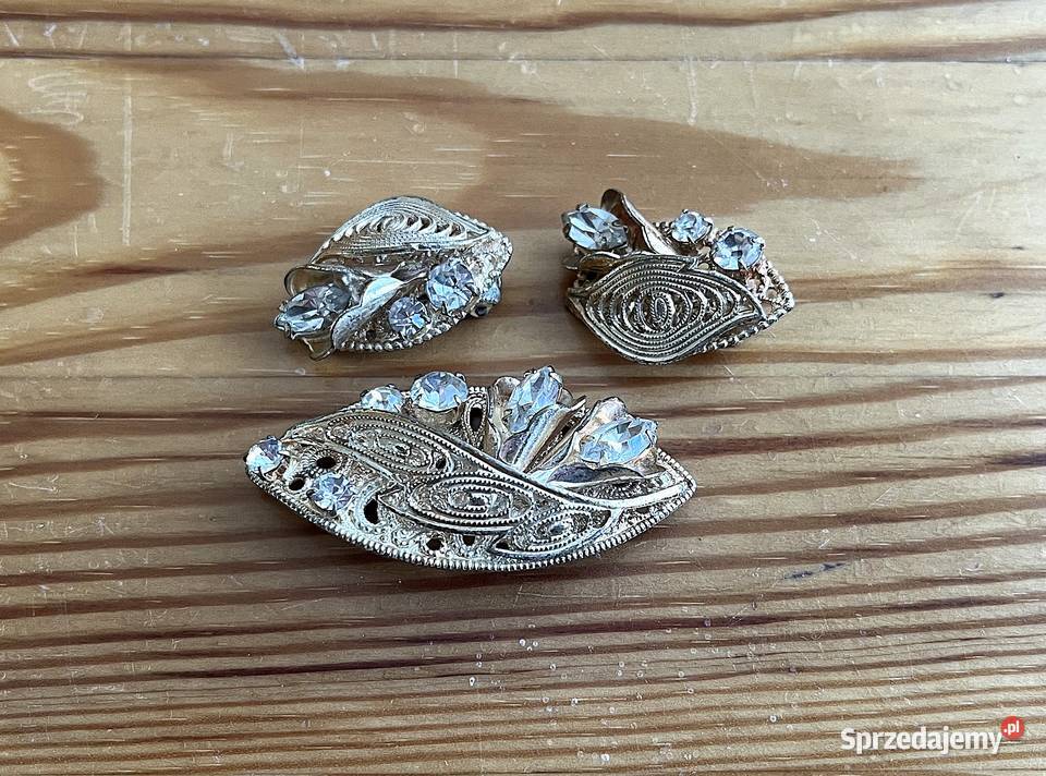 Broszka i klipsy srebrne z cyrkoniami Vintage pomorskie Gdańsk sprzedam