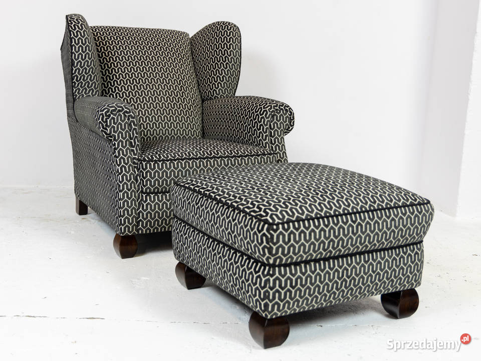 Klubowy fotel uszak z podnóżkiem lata 30 Polska Swarzędz
