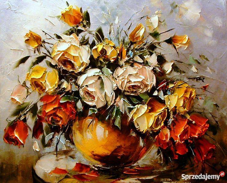 Kolorowe  róże - 50x40  Obraz olejny , szpachel