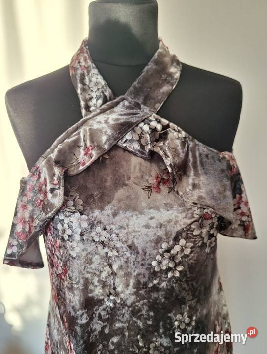 Piękna welurowa sukienka hiszpanka z odkrytymi szary/srebrny Kraków sprzedam