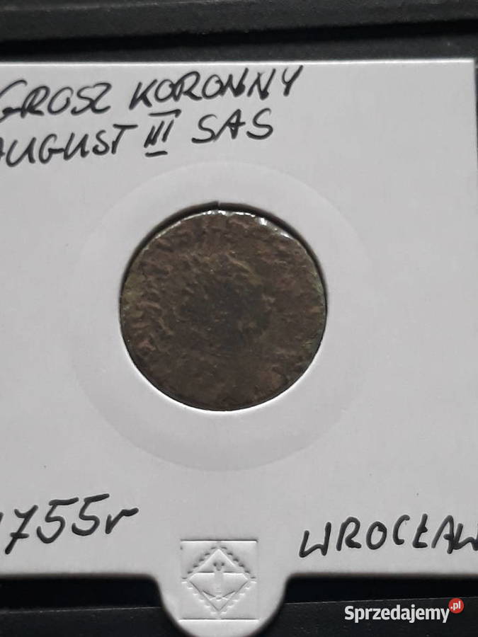 Grosz koronny August III Sas 1755 r men Wrocław wielkopolskie Konin