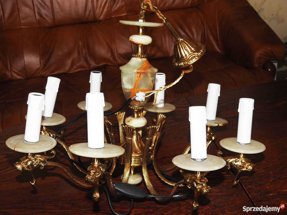 Żyrandol mosiężny XX wiek onyks 8 źródeł światła Przemyśl