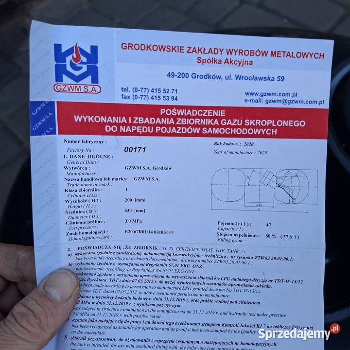 Zbiornik LPG Butla Gazowa 47L 630X200 Dąbrowa Górnicza sprzedam