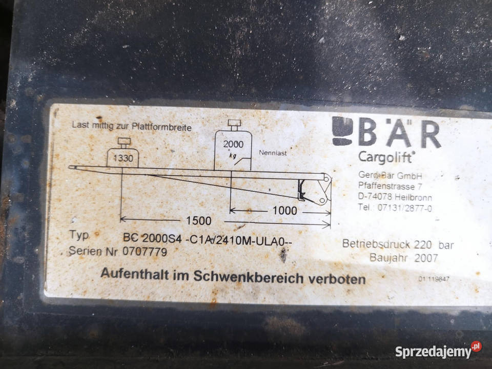 Winda załadowcza BAR Cargolift 2000 2t Strzyżew sprzedam