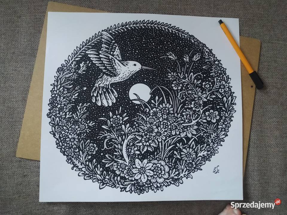 Rysunek ptak w ornamencie cienk 350x370mm 250gm2 Warszawa