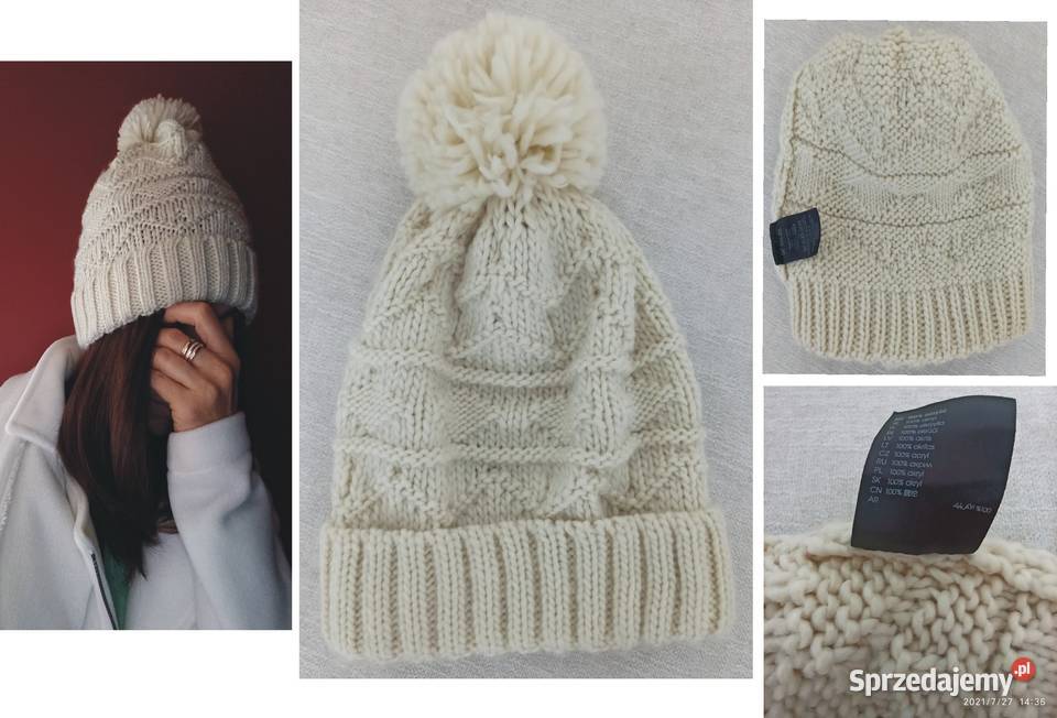 Zimowa czapka z pomponem kolor ecru One size Radzyń Podlaski sprzedam