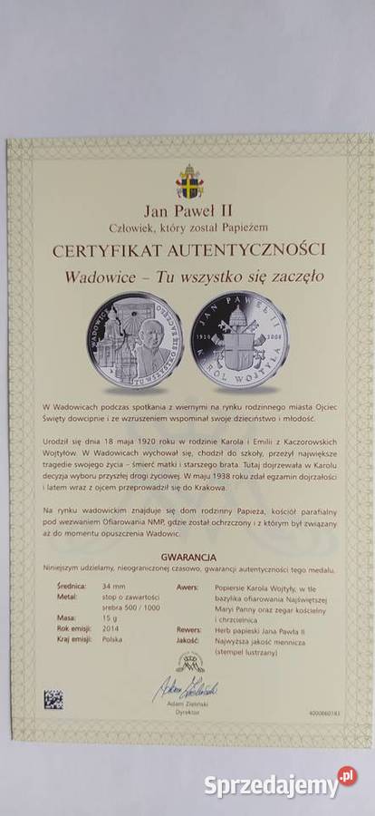 Jan Paweł IIWadowiceTu wszystko się zaczęłomedal Numizmatyka dolnośląskie sprzedam