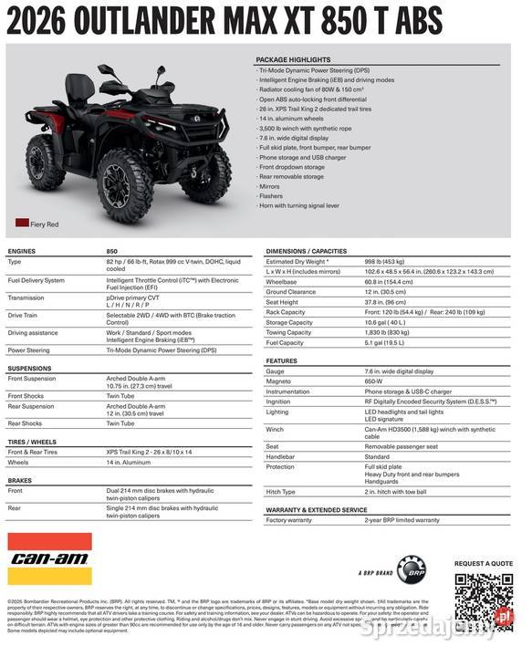 QUAD CanAm Outlander XT 850 T ABS Fiery Red T3b Nowy Sącz