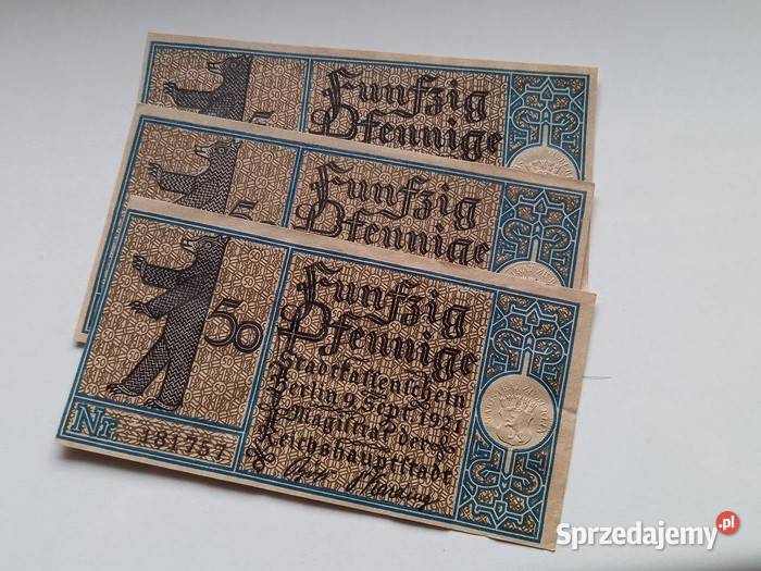 Trzy banknoty 50 Pfennig 1921 r miasta Berlin Koszalin sprzedam