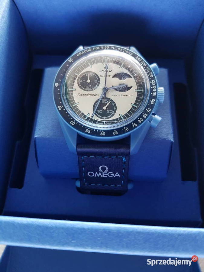 Zegarek nareczny Omega mission to the moon blue Milicz