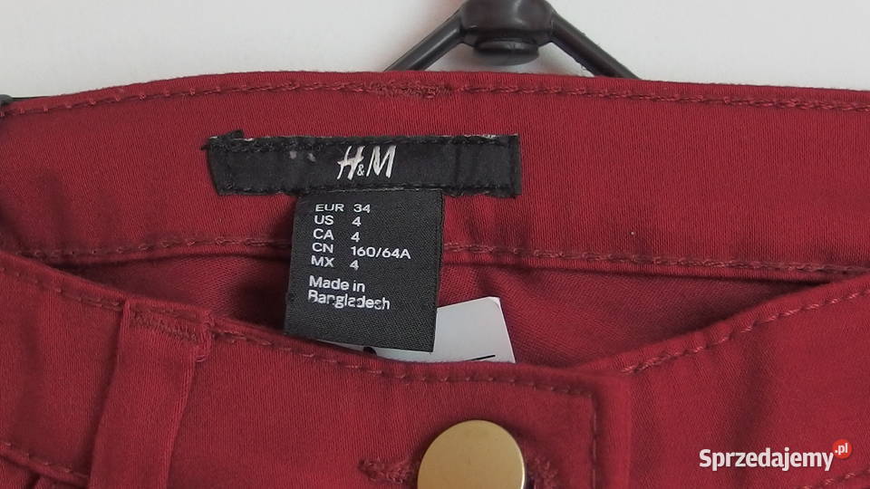 burgundowe spodnie rurki HM xs 34 złote zamki
