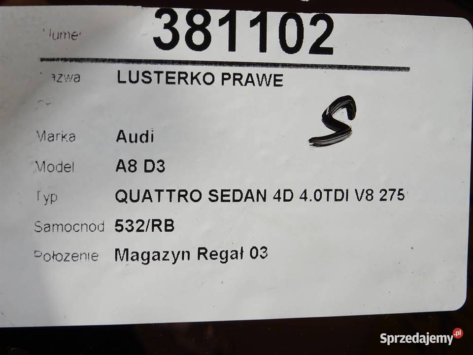 LUSTERKO PRAWE AUDI A8 D3 SedanLimuzyna 0210 osobowe