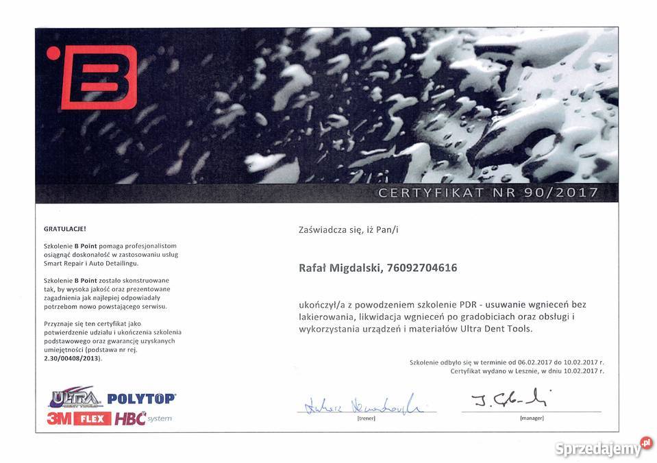 Certyfikowane usuwanie wgnieceń bez lakierowania Włocławek