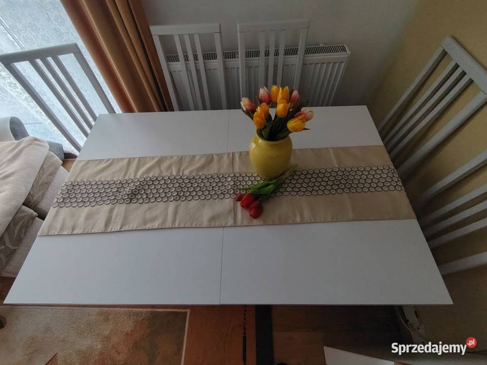 4 Krzesła Biały rozkładany stół jadalniany 140cm Gowino