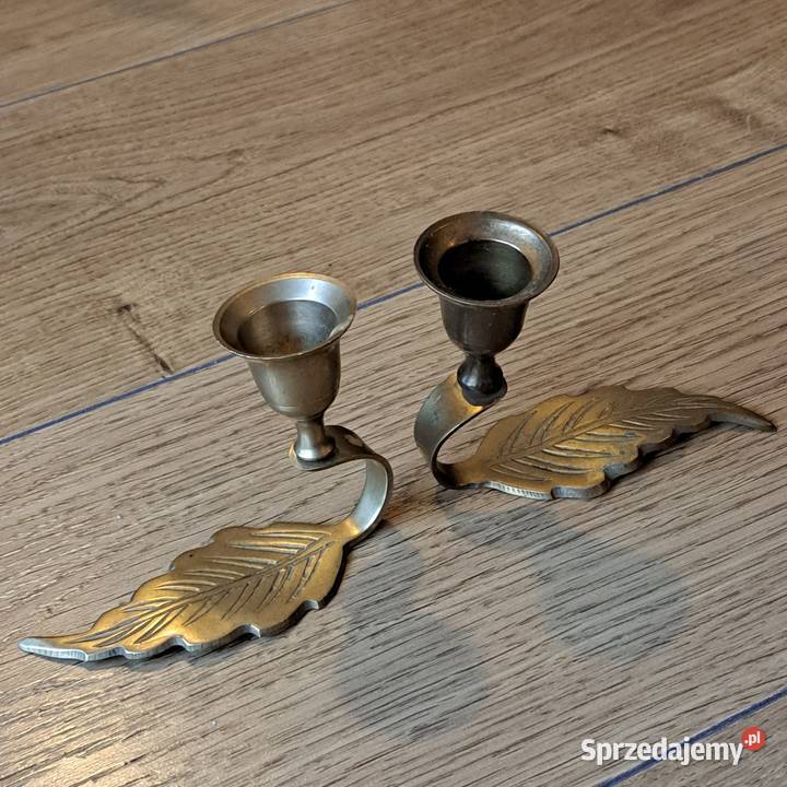 Zestaw 2 mosiężnych świeczników vintage liść Domaszczyn sprzedam