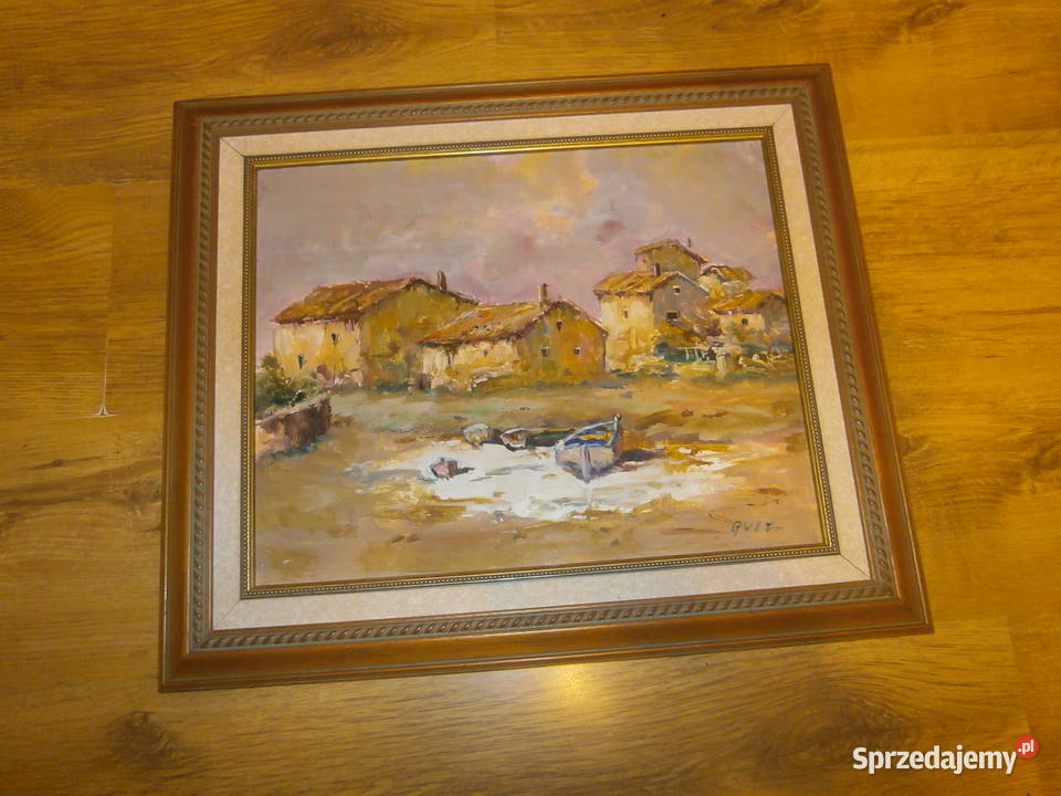 Stary obraz w ramie płótno Wioska rybacka