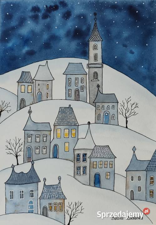 Akwarela Akwarelka Obraz pt Bajkowa Kraina Nocą