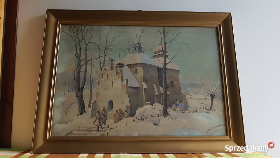 Stary duży obraz akwarela sygnowana S Gibiński Dąbrowa Górnicza