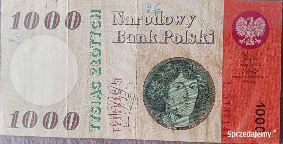 1000 M Kopernik 29X1965 r seria E ładne Numizmatyka Konin