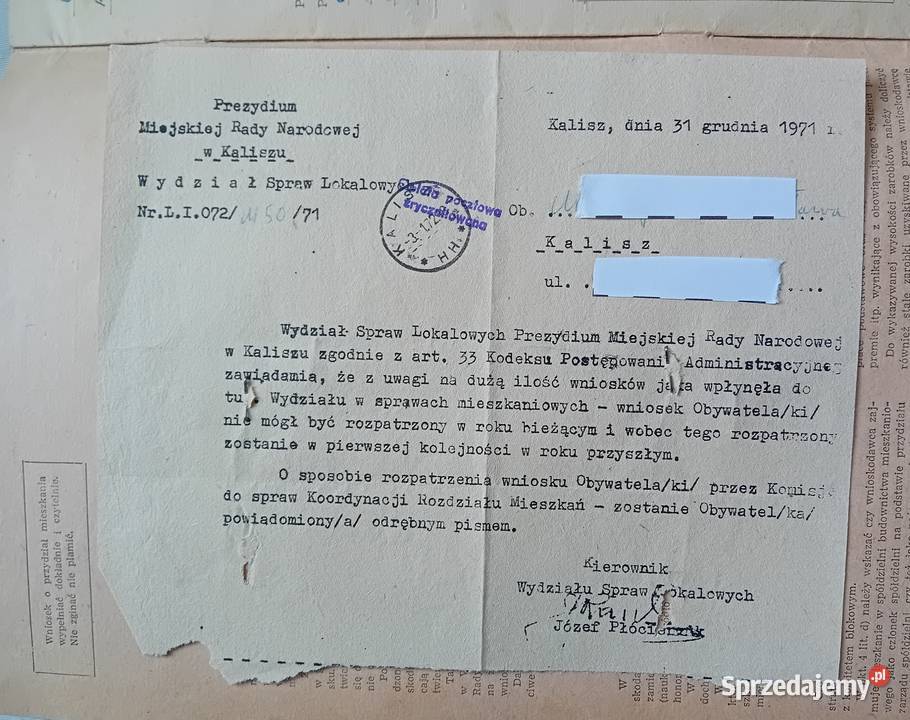 Dokument z PRL wniosek o przydział mieszkania Antykwariat Koźminek sprzedam