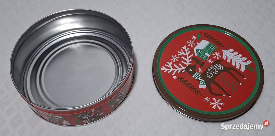 Pojemnik metalowy z pokrywką okrągły renifer Boże Narodzenie Czeladź