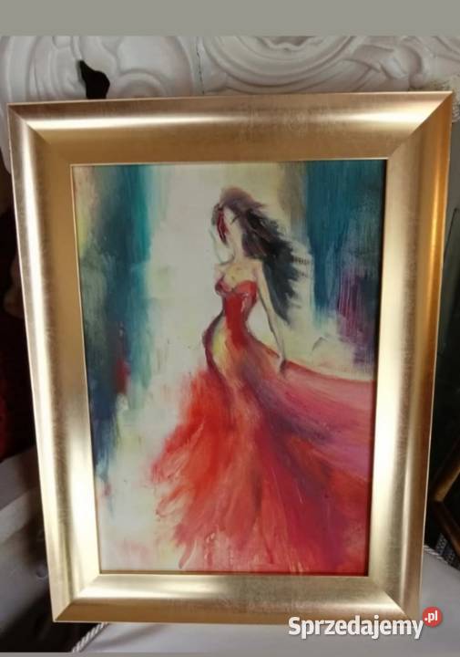 Lady in Red Obraz olejny na płótnie w drewnianej Pabianice sprzedam