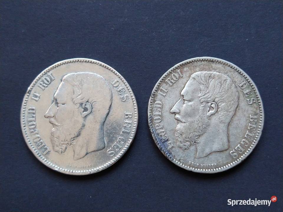 Belgia Dwie srebrne monety o nominale 5 Franków pomorskie Żukowo sprzedam