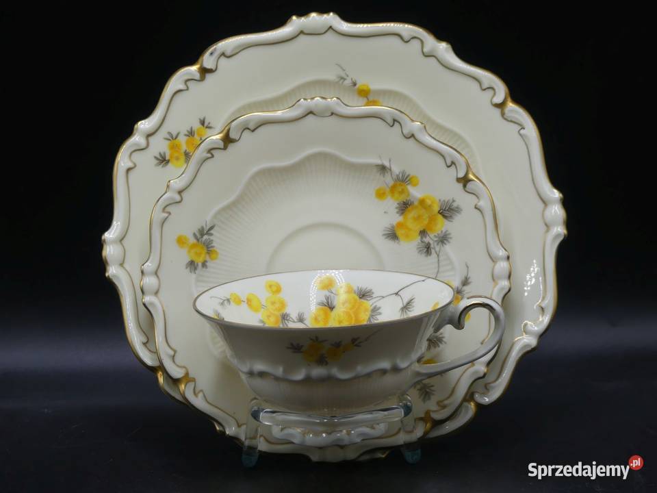 Komplet śniadaniowy Sorau Żary żółte Mimozy Porcelana i szkło wielkopolskie