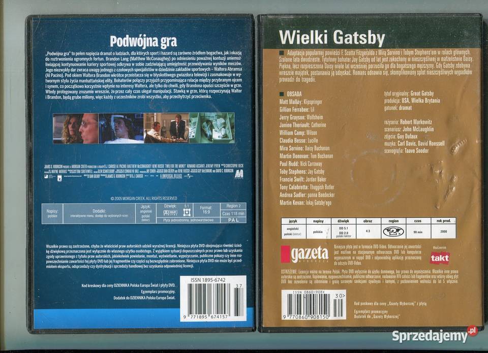 Wielki Gatsby Podwójna gra 2 Filmy DVD zachodniopomorskie Szczecin