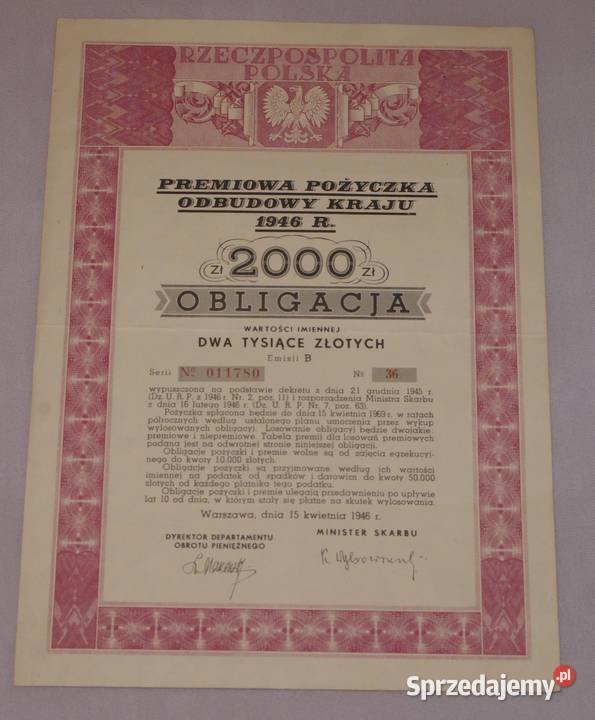 Historyczna obligacja z 1946r na 2000 Płock