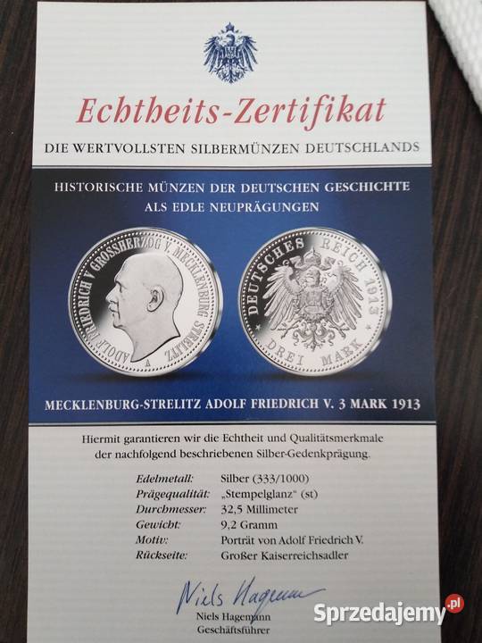 Moneta pamiątkowa 3 marki srebro Żary