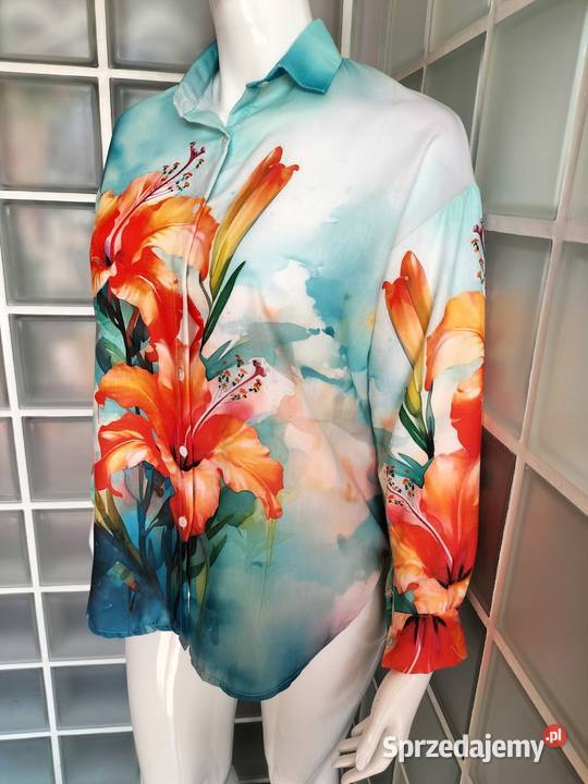 KOSZULA BLUZKA damska turkusowa w kwiaty biust zielony łódzkie Pątnów