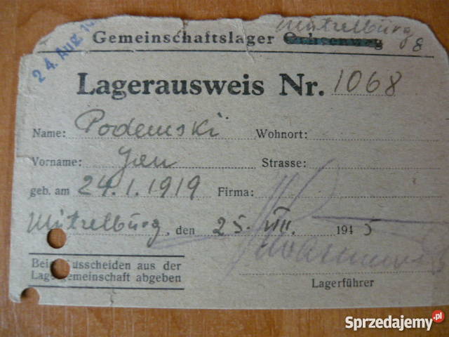 Legitymacja obozowa Myszków