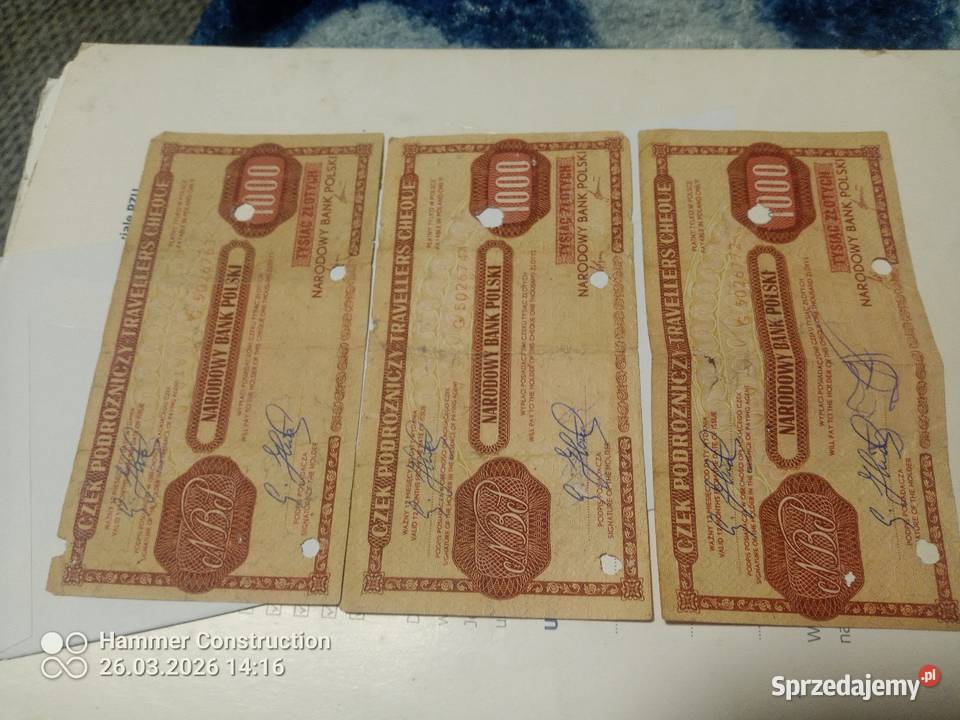 Czek podróżny 3 Antyki, Sztuka, Kolekcje Woźniki sprzedam