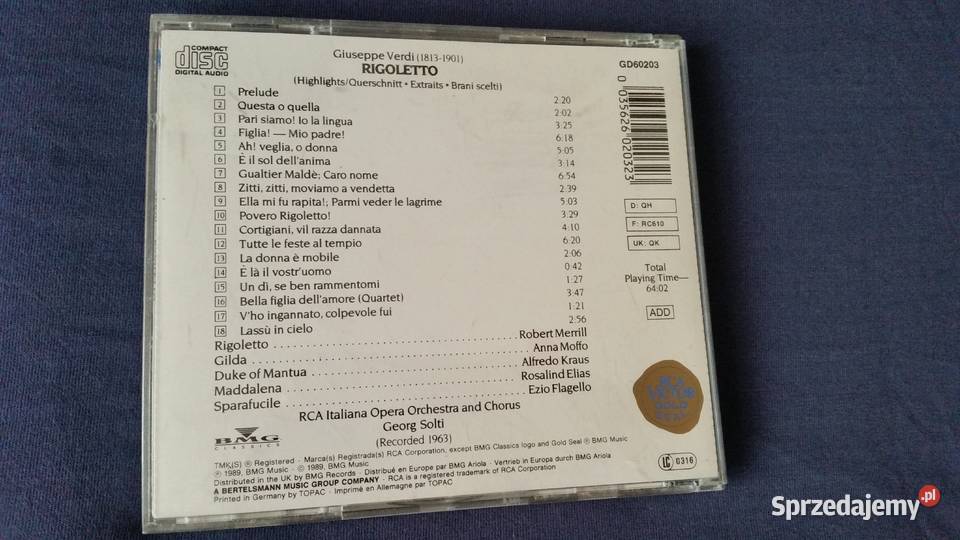 VERDI Rigoletto 1963 BMG Merrill Moffo Solti CD Puławy