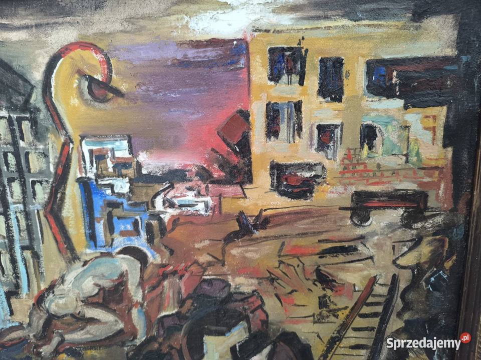 Piękny stary oryginalny obraz olejny 1947 r Łódź